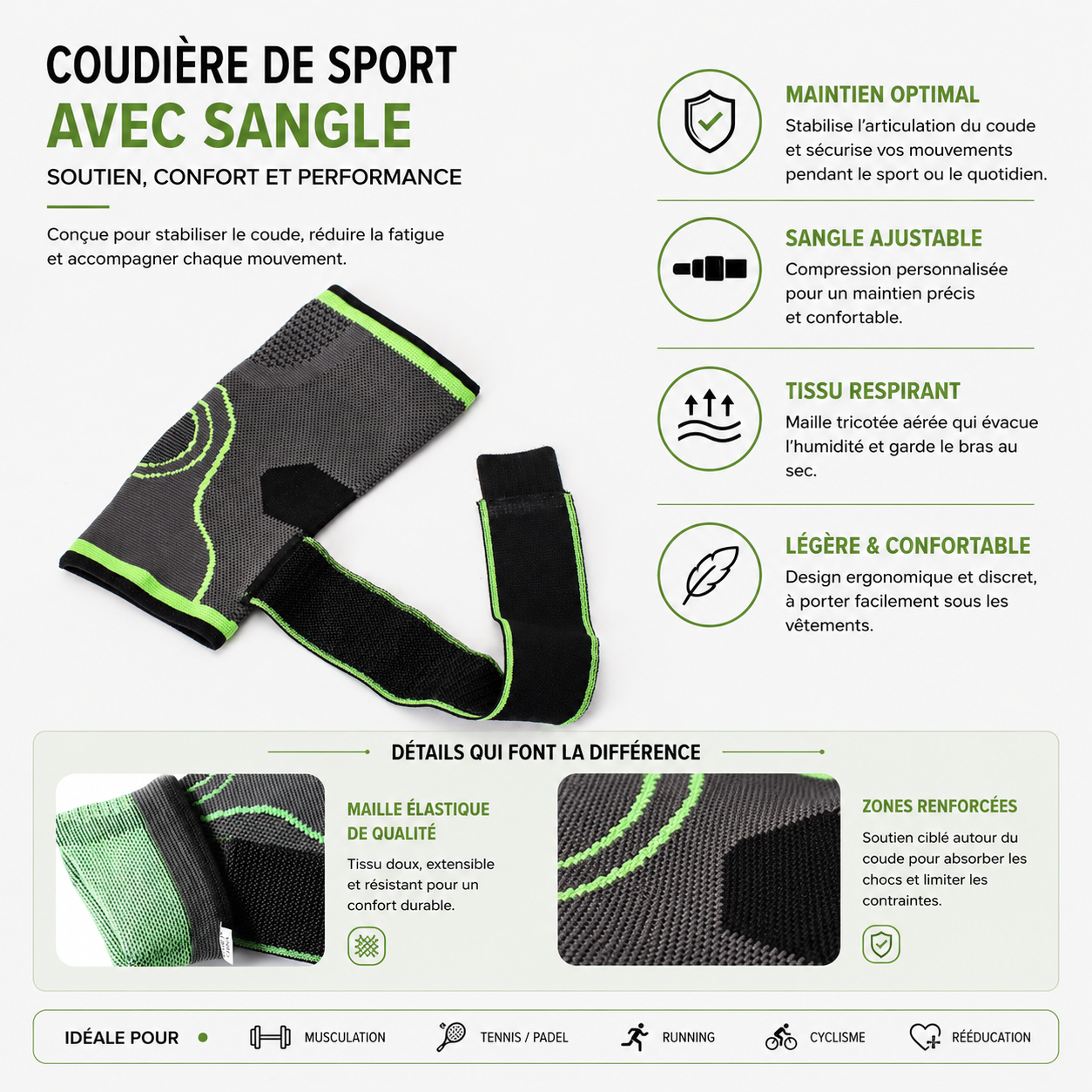 Coudière de Protection Sport – Maintien Coude avec Sangle