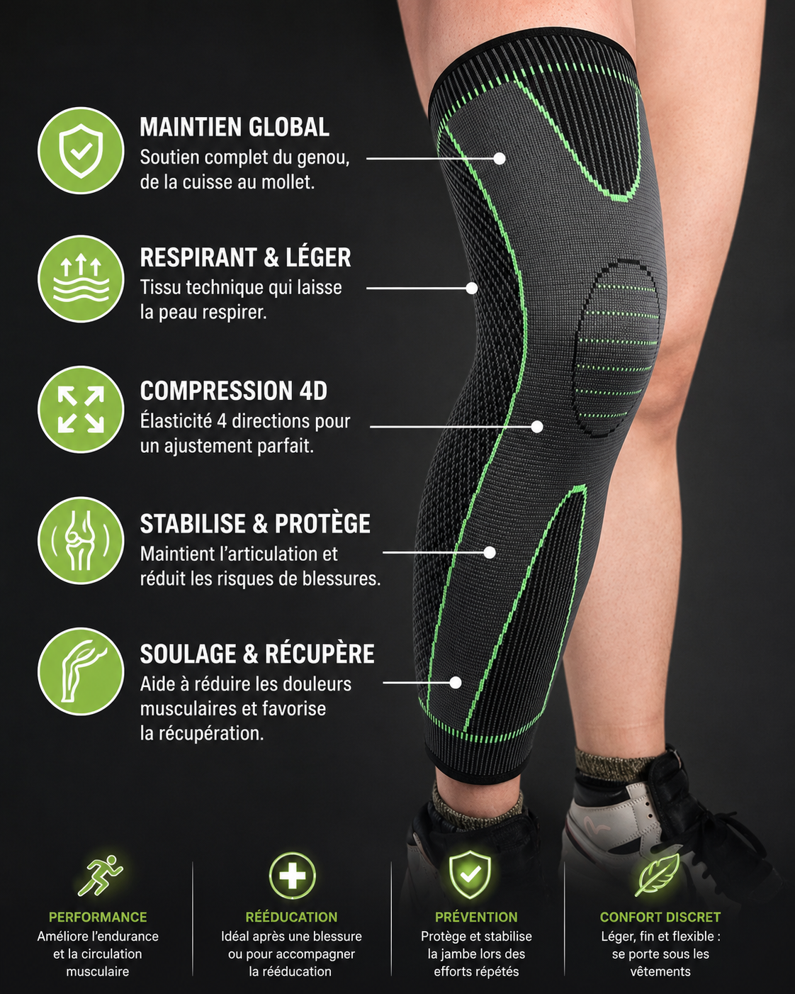 Manchon de Compression Jambe Complète Nova+ — Cuisse, Genou & Mollet